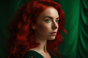 Fototapeta premium Portrait of a mesmerizing red-haired woman with piercing green eyes, wearing a flowing crimson dress against a vibrant red background with soft shadows, generative ai