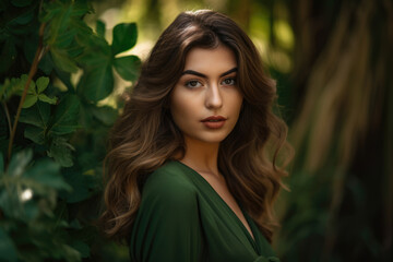Fototapeta premium Portrait of a stunning woman with captivating hazel eyes and flowing brunette hair, wearing a chic olive green dress against a lush jungle background, generative ai