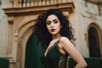Fototapeta premium Portrait of a stunning woman with expressive brown eyes and curly black hair, wearing an elegant olive green gown against a grand castle background, generative ai