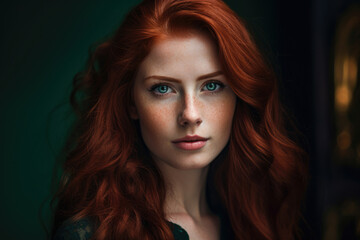 Portrait of a stunning woman with flowing auburn hair and piercing green eyes against a rich garnet-colored backdrop, exuding confidence and allure, generative ai