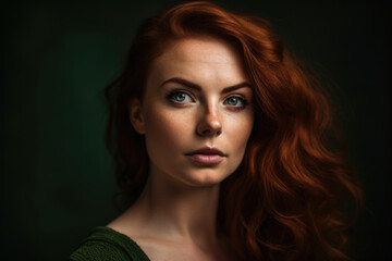 Fototapeta premium Portrait of a stunning woman with flowing auburn hair and piercing green eyes against a rich garnet-colored backdrop, exuding confidence and allure, generative ai