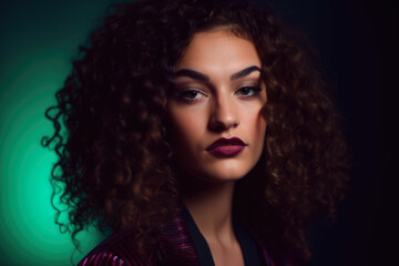 Naklejka premium portrait of a stunning woman with long curly hair, wearing a bold red lipstick and an intense gaze, set against a dark teal background with a hint of purple bokeh effect, generative ai