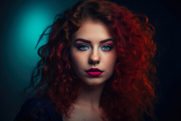 Fototapeta premium portrait of a stunning woman with long curly hair, wearing a bold red lipstick and an intense gaze, set against a dark teal background with a hint of purple bokeh effect, generative ai