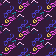 Seamless color pattern of linear doodle squiggles. The style of the 90s. Bright abstract design for background, banner, poster of various shapes. Vector illustration.