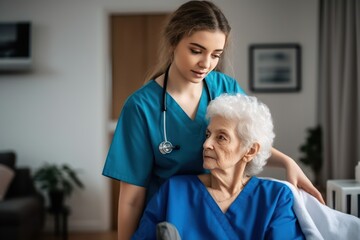 Female Caregiver assisting senior woman. Generative AI