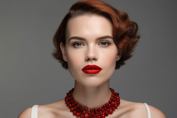 Portrait of a woman with striking features, wearing a brick-red lipstick and a statement necklace, standing against a white background, generative ai