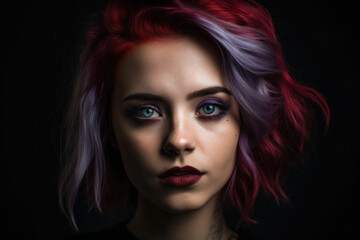 Portrait of a young woman with baby purple hair and piercing blue eyes, wearing a bold red lipstick and a dramatic cat-eye makeup, against a dark and moody background, generative ai