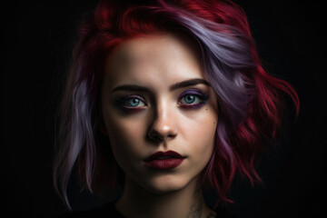 Obraz premium Portrait of a young woman with baby purple hair and piercing blue eyes, wearing a bold red lipstick and a dramatic cat-eye makeup, against a dark and moody background, generative ai