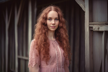 Fototapeta premium Portrait of a young woman with long wavy dusty rose hair, wearing a vintage lace dress in a rustic countryside setting, generative ai