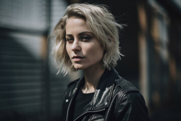 Fototapeta na wymiar Portrait of an attractive woman with blonde hair, wearing a black leather jacket, standing in front of a gray metal fence with a hint of cool light, generative ai