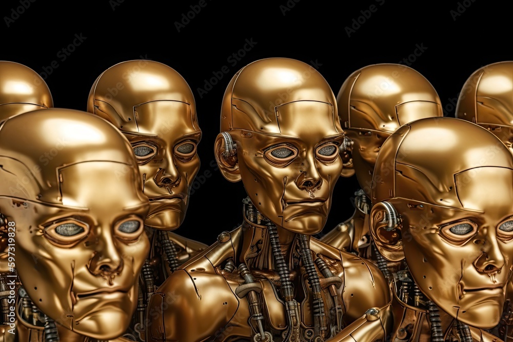 Poster group of humanoid figures with a golden color standing in a row. generative ai