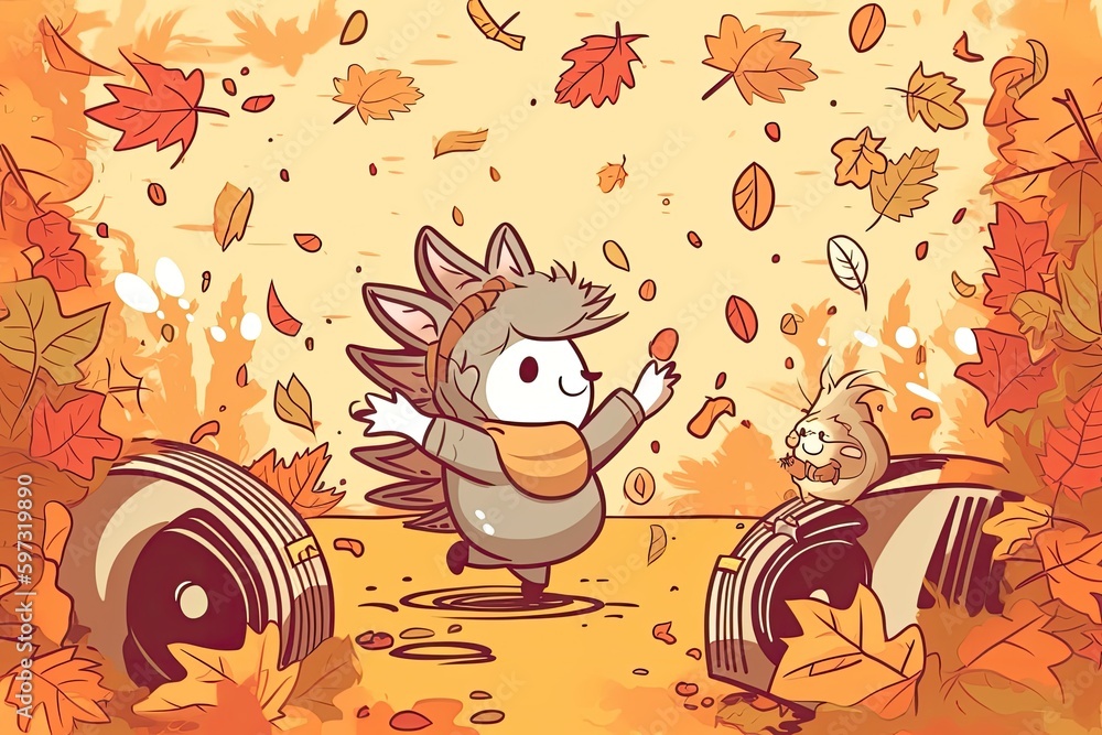Poster bird and squirrel enjoying the colors of fall. generative ai