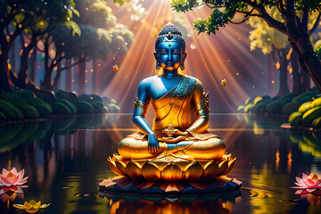Buddha sitting in lotus seat pose. Illustration - obrazy, fototapety, plakaty