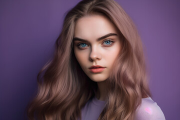 Radiant beauty with flowing hair and piercing eyes standing against a pale purple wall, exuding confidence and elegance, generative ai