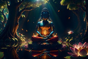 Buddha sitting in lotus seat pose. Illustration - obrazy, fototapety, plakaty