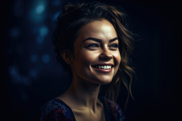 Radiant portrait of a beautiful woman with a dark blue background and a warm smile that lights up the image with joy and happiness, generative ai