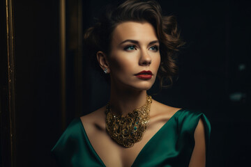 Radiant portrait of a glowing woman with chocolate brown hair styled in a sleek updo, wearing a stunning emerald green dress and a golden statement necklace, generative ai