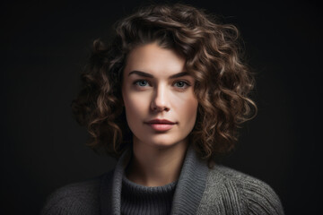 Radiant woman with natural curls and captivating eyes, wearing a dark gray sweater and standing against a dark gray background, generative ai