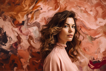 radiant woman with Sienna-colored blush and loose curls, standing against a Sienna-colored wall with bold abstract art, generative ai