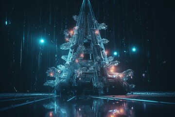 Futuristic X-mas tree aglow with neon and snowflakes in 3D. Generative AI