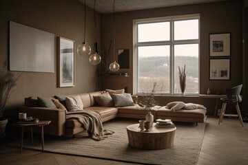 Fototapeta na wymiar Scandinavian living room with single brown couch by big window overlooking fields. Generative AI