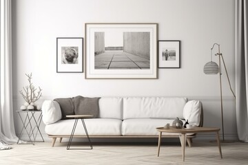 Scandinavian-style interior with sofa mock-up poster frame. Minimalist 3D illustration design. Generative AI