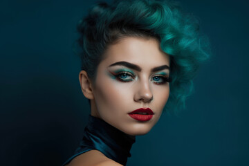 sensual and captivating portrait of a beautiful woman with teal eyeshadow and full lips, set against a soft and romantic teal and pink background, generative ai