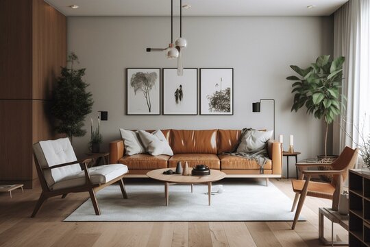 Minimalist living room with vibrant colors. Generative AI
