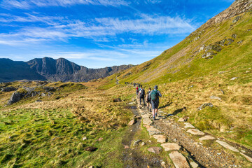 Hikers on Pyg track at Pen-y Pass in Snowdon. North Wales