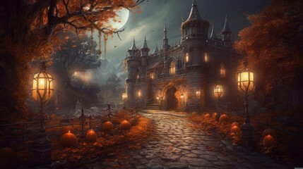 Spooky fantasy castle illustration. Made with Generative AI.