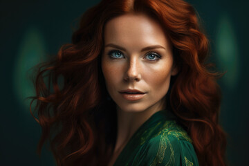 Naklejka premium Stunning portrait of a woman with mesmerizing blue eyes and flowing auburn hair, wearing a deep green velvet dress, generative ai