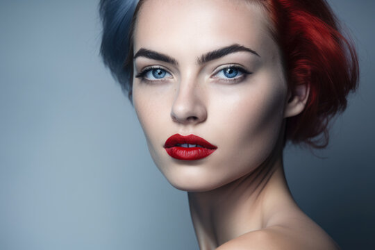 Stunning woman with an intense steel blue gaze and red lips against a stark white background, generative ai