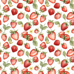 Seamless pattern with many strawberries on white background in watercolor style. Generative AI.
