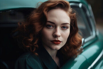 Plakat Vintage beauty of a woman with wavy chestnut hair and piercing blue eyes, set against a dark olive green retro car, generative ai