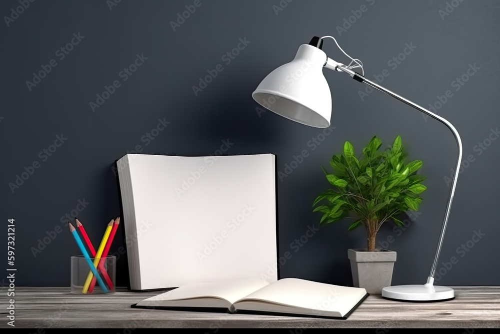 Poster an open book on a desk with a lamp and a potted plant. generative ai