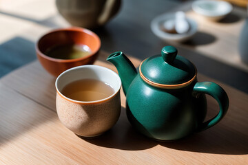 Obraz na płótnie Canvas Chinese tea ceremony. Ceramic teapot made of clay and bowls on a wooden background. Generative ai.
