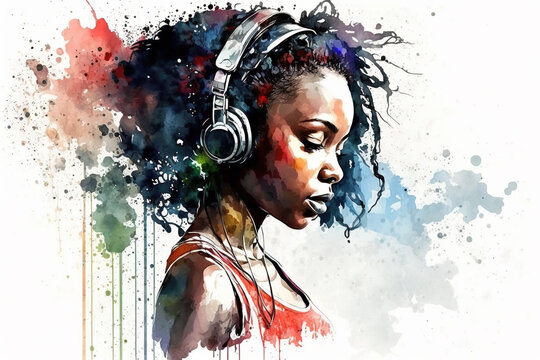 Black girl listens music with headphones, portrait of modern teenager, illustration, generative AI