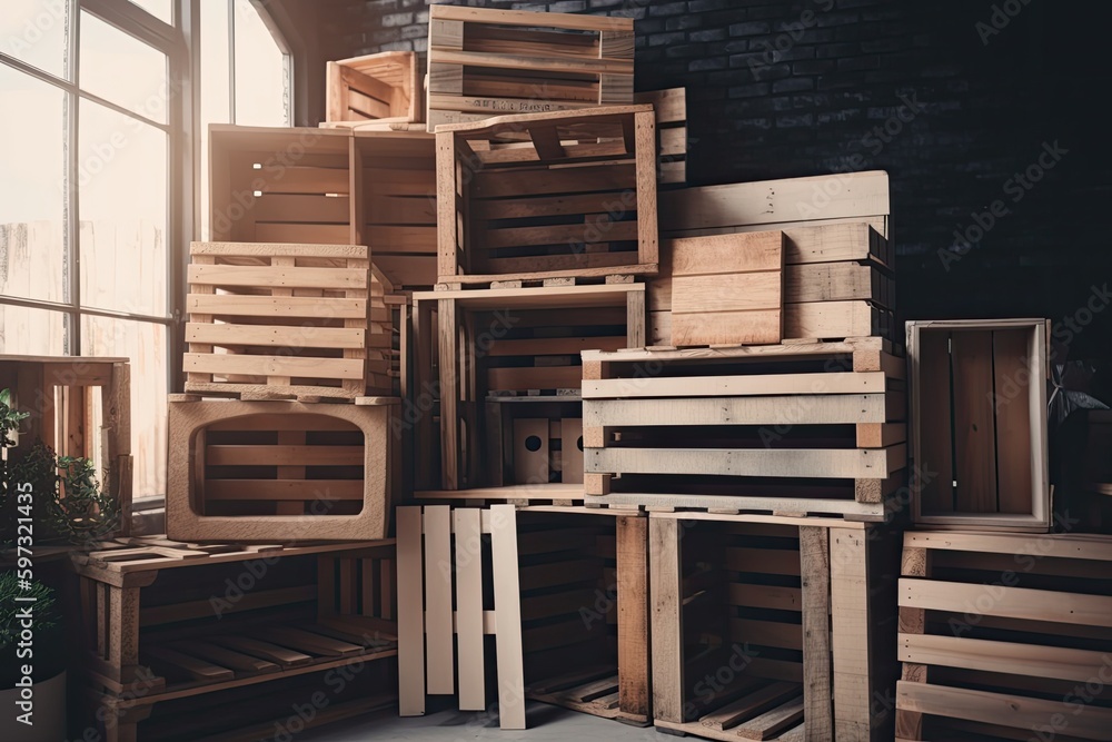 Poster stack of wooden crates placed near a window with sunlight shining through. generative ai