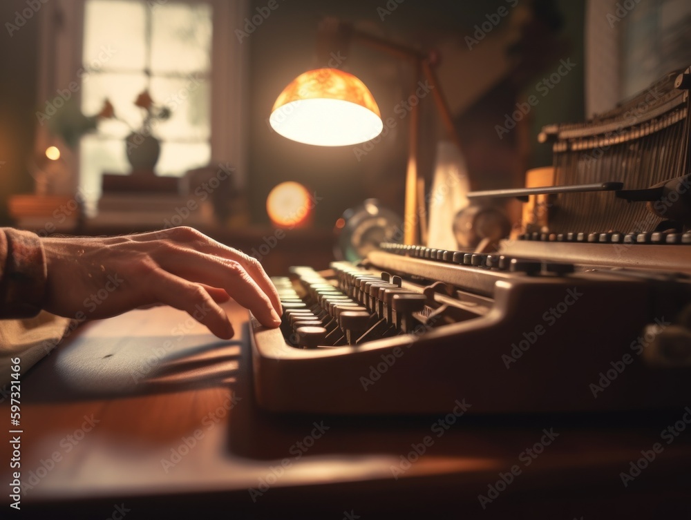 Poster a person typing on an old typewriter. ai generative image.