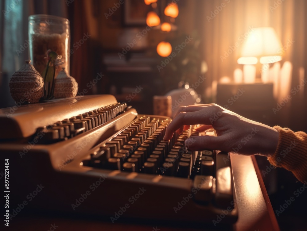 Poster a person typing on a computer keyboard in a dark room. ai generative image.