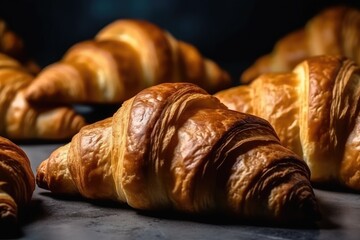 tempting display of freshly baked croissants on a bakery counter. Generative AI