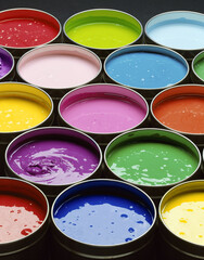 Fototapeta premium Paint buckets filled with a rainbow of vivid colors in a graphic colorful display