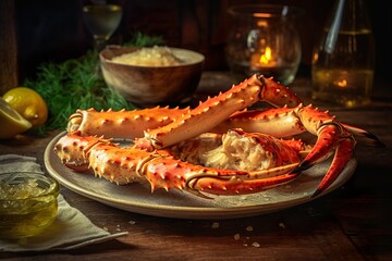 perfectly cooked king crab legs with a side or garlic butter, sitting on a rustic style table - obrazy, fototapety, plakaty