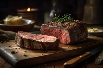 perfectly cooked slices of medium rare sirloin steak with garlic butter, sitting on a rustic style table