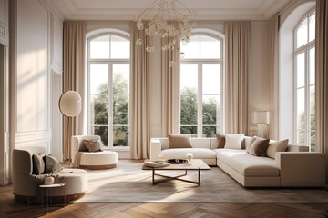 Modern living room, white furniture, floor-to-ceiling window, in the style of realistic and hyper-detailed renderings, light bronze and beige, panoramic scale, minimalist staging