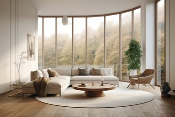 Fototapeta premium Modern living room, white furniture, floor-to-ceiling window, in the style of realistic and hyper-detailed renderings, light bronze and beige, panoramic scale, minimalist staging