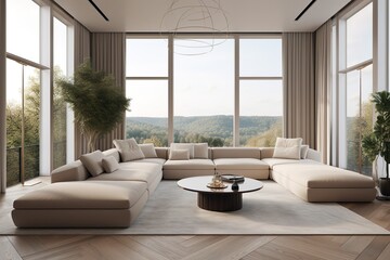 Fototapeta premium Modern living room, white furniture, floor-to-ceiling window, in the style of realistic and hyper-detailed renderings, light bronze and beige, panoramic scale, minimalist staging