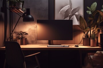 3D rendering of a designer's desk with an empty monitor and plant. Generative AI