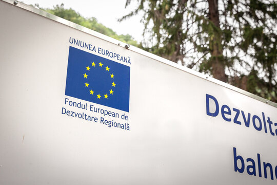 BAILE HERCULANE, ROMANIA - SEPTEMBER 15, 2022: Sign of European union on Feder funded program. ERDF, European Regional Development Fund, fundul European de Dezvoltare regionala is financed by EU.