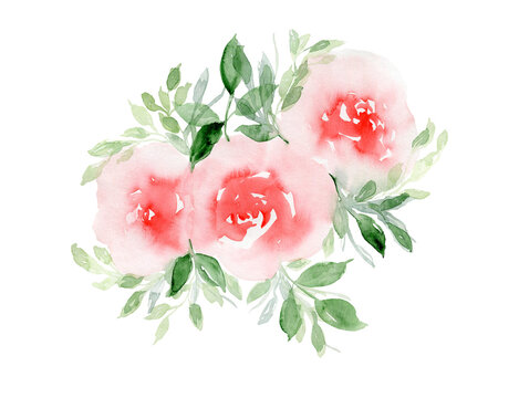 Delicate watercolor pink roses with green leaves floral bouquet. Tender watercolour flowers composition for invitation, wedding greeting cards design, banner decor